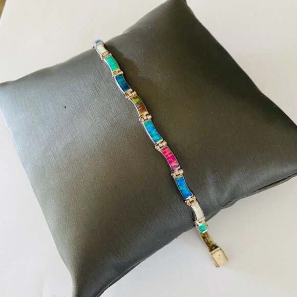 E. Luna Taxco Mexico .950 Silver Multicolor Lab Opal Inlay Necklace & Bracelet - Picture 5 of 8